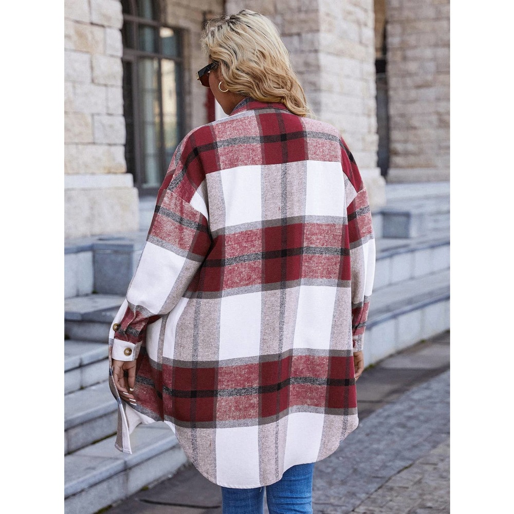 Plaid Print Drop Shoulder Overcoat long shacket boyfriend jacket tan khaki - Picture 9 of 11